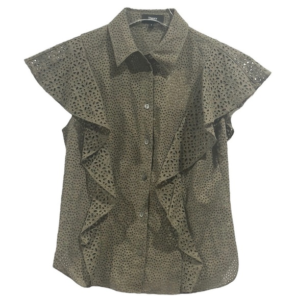 Theory Nova Ruffled Cotton Eyelet Cap sleeve Button Down Blouse Shirt NEW Size S - Picture 8 of 10